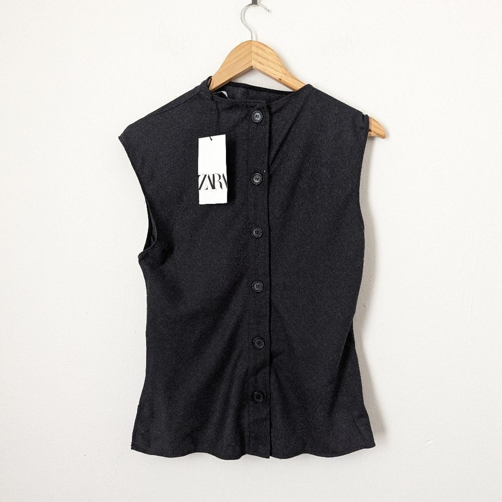NWT Zara charcoal dark grey wool sleeveless draped ruched button back blouse top - Picture 6 of 7